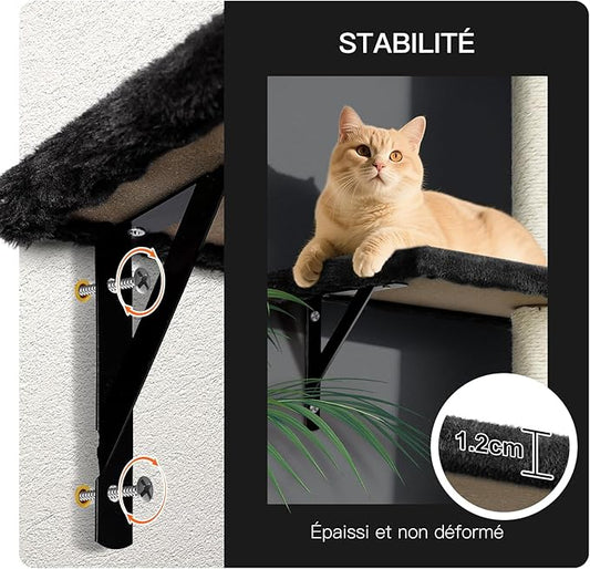 Étagères Murales pour Chat, 4 en 1 Ensemble de Meubles Muraux pour Chat avec Griffoir, Arbre a Chats Mural avec Balle, Stable pour Grands et Petits D'intérieur Jusqu'à 10 kg, Noir