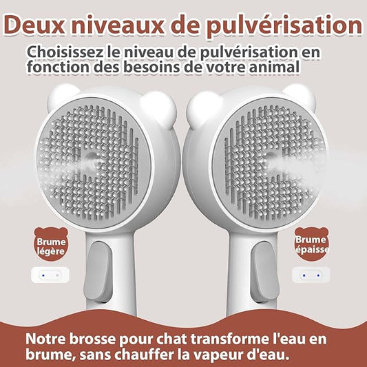 Brosse Vapeur Chat avec 2 Niveaux de Pulvérisation et Bouton de Relâchement, 4 en 1 Spray Dépilatoire Massage Nettoyage en un Clic, IPX7 étanche Brosse pour Poils Longs et Courts Chats Chiens