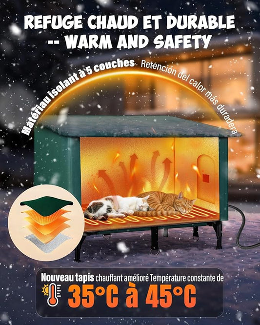Niche pour Chat Exterieur, Chauffée Cabane Chat Exterieur avec Coussin Chauffant