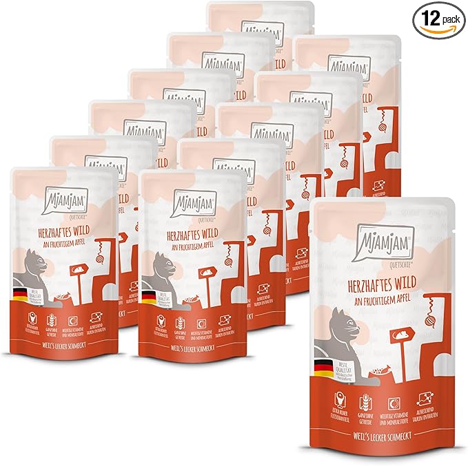 MjAMjAM - Premium nourriture humide pour chats - Quetschie - gibier savoureux à la pomme fruitée, paquet de 12 (12x125g), sans céréales